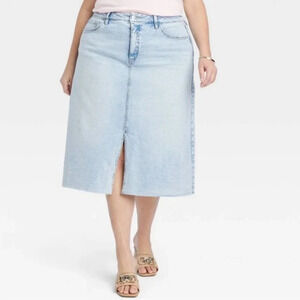 NWOT Ava & Viv A-Line Denim Midi Skirt, Light Wash, Front Slit, Plus Size 18W.